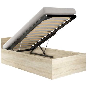 Кровать с ящиком для постельного белья и матрасом NORE CLP, 90x200 см, цвет дуб.