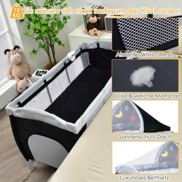 Playpen, 2 sleeping heights, blue/black, 120 × 60 × 76 cm