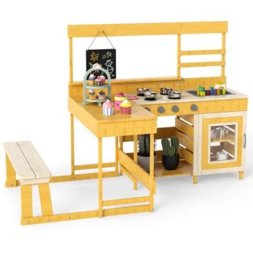 Wooden outdoor kitchen for children, 7 dessert dishes, 150 × 71 × 98 cm