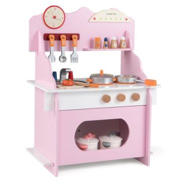 Wooden Play Kitchen, With Clock and Accessories, Pink, 52.1 × 29.2 × 71.1 cm