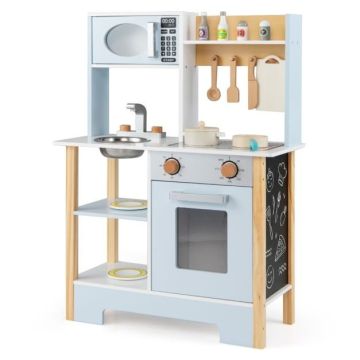 Wooden Play Kitchen, With Microwave and 13 Accessories, Blue, 61.5 × 26 × 85 cm