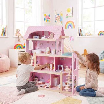 Wooden dollhouse for children with 33 pieces of furniture, 7 rooms, balcony with pool, pink