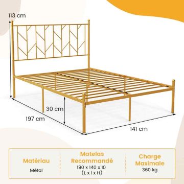 Metal Platform Bed Frame with Headboard, Black with Gold Trim, 360 kg