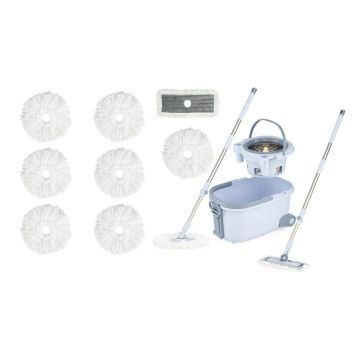 Microfiber mop and bucket set, 2 chambers, 7 round and 1 rectangular pad, 50 × 29.5 × 25.5 cm
