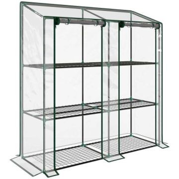Minikasvihuone, 3 tasoa, 6 hyllyä, 143 × 46 × 141/151 cm