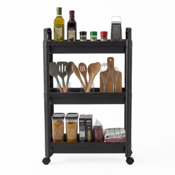 Mobile shelf trolley, 3 tiers, Black/white, 54 × 75 × 18.5 cm