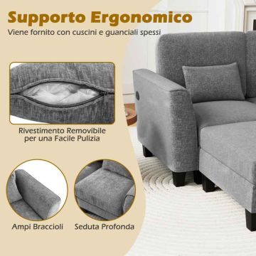 Modular U-shaped sofa with USB and Type-C charging ports, 280 cm, gray, with two poufs