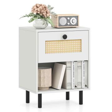 Bedside table, 1 drawer, open compartment, White/black, 40 × 52 × 30 cm