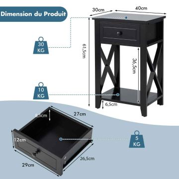 Bedside table, 1 drawer, Black/white, 40.64 × 50.8 × 30.48 cm