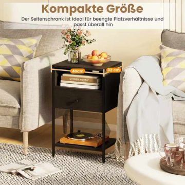 Bedside table, 2 pcs., with drawer and shelf, Black, 39.4 × 64.8 × 31.8 cm