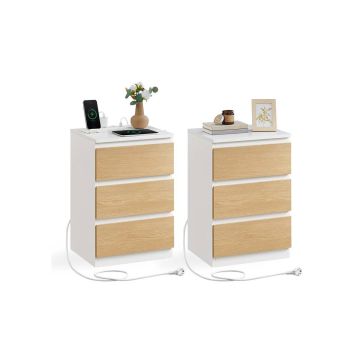 Naktinis staliukas VASAGLE, 3 stalčiai, 2 lizdai ir 2 USB prievadai, 40 × 59 × 35 cm