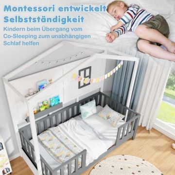 Lodge-shaped children's bed, with a window and 2 shelves, White/gray, 208 × 195 × 105.5 cm
