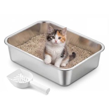 Stainless steel cat litter box, open with scoop, 40 x 30 x 10 cm