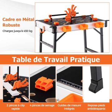 Portable folding workbench, load capacity 454 kg, Orange, 84.5 × 74 × 60 cm
