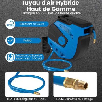 Air hose reel, 15 m hose, 44.5 × 39.5 × 21.5 cm