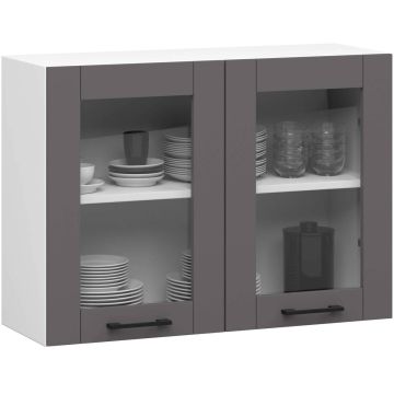 Ripustettava keittiön vitriinikaappi OLIWIA, 2 ovea, valkoinen/harmaa, 80 × 58 × 30,5 cm
