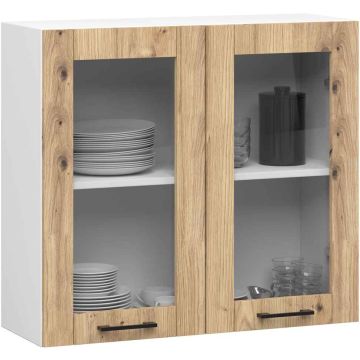 Keittiön seinäkaappi-vitriini OLIWIA W80, 2 ovea, valkoinen/tammenvärinen, 80 × 72 × 30,5 cm