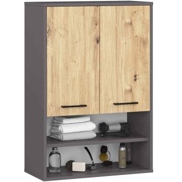 Seinäkaappi kylpyhuoneeseen AKORD FIN W64 H934, 2 ovea, 4 hyllyä, harmaa ja ruskea, 64 × 94 × 30 cm