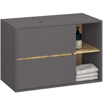 Seinälle asennettava kylpyhuonekaappi pesualtaan alle VAMI W90, 2 laatikkoa ja 2 avointa hyllyä, harmaa/ruskea, 90 × 60 × 45,5 cm