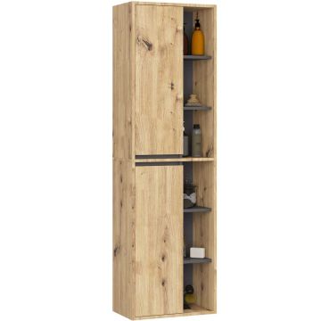 Seinäkiinnitteinen kylpyhuonekaappi VAMI W50, 2 ovea, 10 hyllyä, tammi/harmaa, 50 × 170 × 30 cm