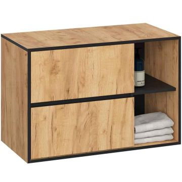Seinäkiinnitteinen kylpyhuonekaappi VAMI W90, 2 laatikkoa, 2 avointa hyllyä, ruskea/musta, 90 × 60 × 45,5 cm