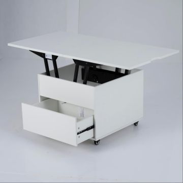 Lifting coffee table, 3 in 1, with drawer and hidden compartment, White, 60 × 60 × 50 cm