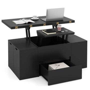 Lifting coffee table with 4 stools and hidden compartment, black