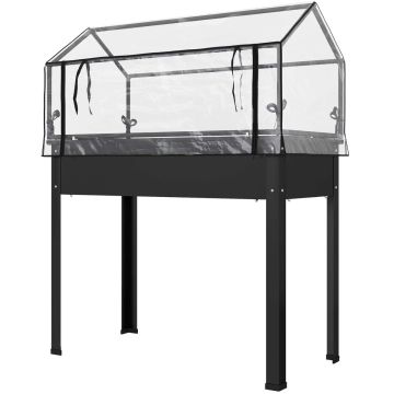 Korotettu kasvulaatikko kasvihuonekatteella, Musta, 100 × 48 × 124 cm