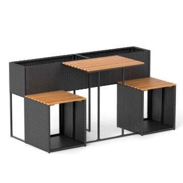 Raised garden furniture set with two chairs, PE rattan, black