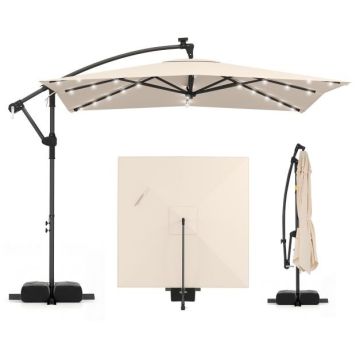 Sliding outdoor umbrella with LED lights, 360° rotatable, Beige, 240 × 240 cm