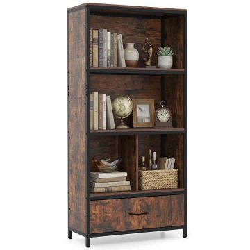 Freestanding bookshelf, 5 levels and fabric drawer, Brown and black, 68 × 151 × 30.5 cm