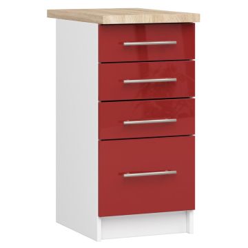 Lattialle sijoitettava keittiökaappi OLIWIA S40, 4 laatikkoa, valkoinen/punainen, 40 × 85 × 46 cm