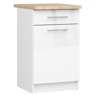 Lattialla seisova keittiökaappi OLIWIA S50, työtason, oven ja laatikon kanssa, Valkoinen, 50 × 85 × 46 cm
