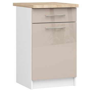 Lattialla seisova keittiökaappi OLIWIA S50, työtason, oven ja laatikon kanssa, Valkoinen ja beige, 50 × 85 × 46 cm