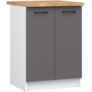 Lattialle sijoitettava keittiökaappi OLIWIA S60, 2 ovea ja työtaso, valkoinen/harmaa, 60 × 85 × 46 cm
