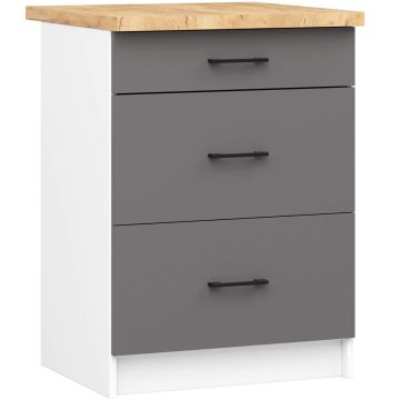 Lattialle sijoitettava keittiökaappi OLIWIA S60, 3 laatikkoa ja työtaso, valkoinen/harmaa, 60 × 85 × 46 cm