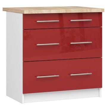 Lattiamallinen keittiökaappi OLIWIA S80, 3 laatikkoa, valkoinen/punainen, 80 × 85 × 46 cm