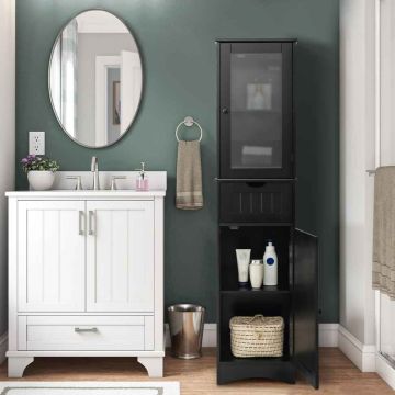 Slim chest of drawers with 2 doors and 1 drawer, black