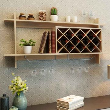 Wall-mounted wine rack with glass holder, 10 bottles, black walnut