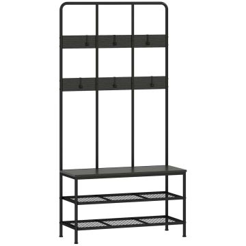 Eteisen naulakko, 3-in-1, 6 koukkua, 2 hyllyä, Musta, 91 × 180 × 36 cm
