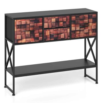 Hallway table with 4 fabric drawers and open shelf, wooden, brown mosaic pattern