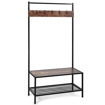 Hallway stand with five hooks, bench and metal shoe shelf, brown