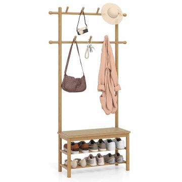 Hallway bench, 3 in 1, 11 hooks, natural, 71.12 × 170.18 × 30.48 cm