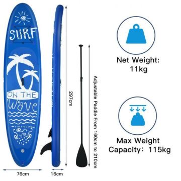 Inflatable paddle board 300 x 76 x 16 cm, with triple fins, EVA top