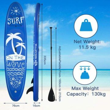Inflatable SUP paddle board 335x76x16 cm, with non-slip EVA surface, 3 fins
