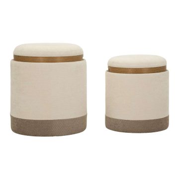 Pouf set, 2 pcs. with trays, Brown/white, Ø 40 × 47 cm and Ø 34 × 40 cm