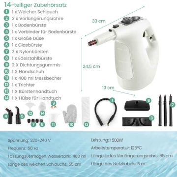 Handheld steam cleaner, 14 accessories, Gray, 33 × 13 × 24.5 cm