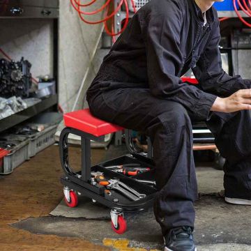 Wheel-mounted auxiliary chair AU10004, 3-compartment tool case, red/black, 38.1 × 36.83 × 35.56 cm
