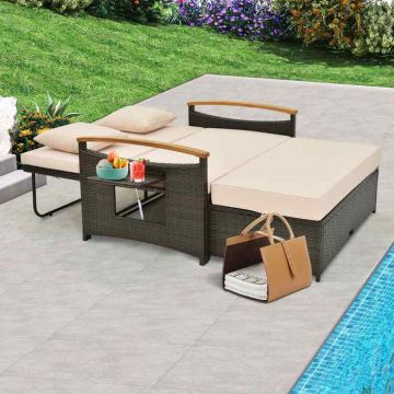 Adjustable double sofa with pouf and storage box, brown