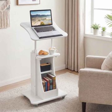 Height-adjustable column table, 4 casters, 2 with brakes, White, 50 × 40 × 72–112 cm